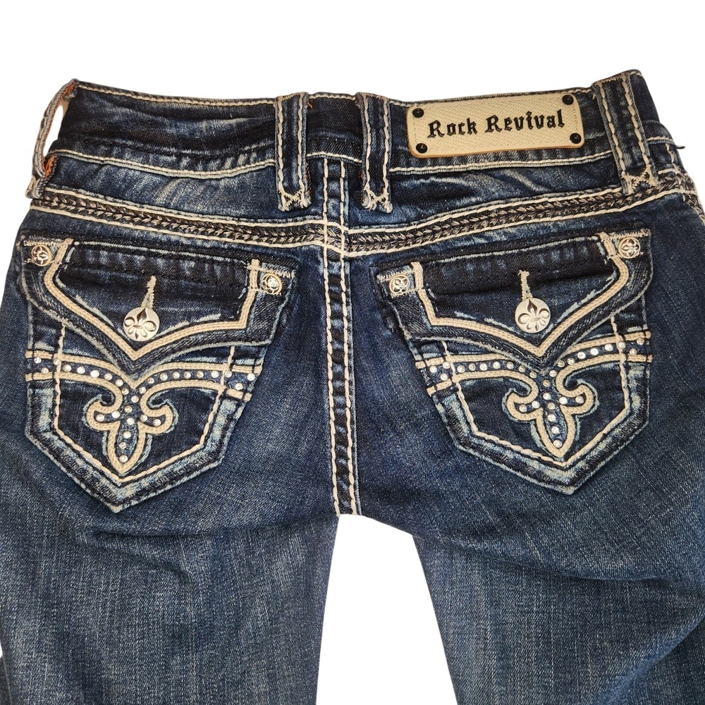 ROCK REVIVAL Noelle Capri Jeans Womens 25 Dark Blue Denim Embellished Rhinestone - Picture 6 of 15